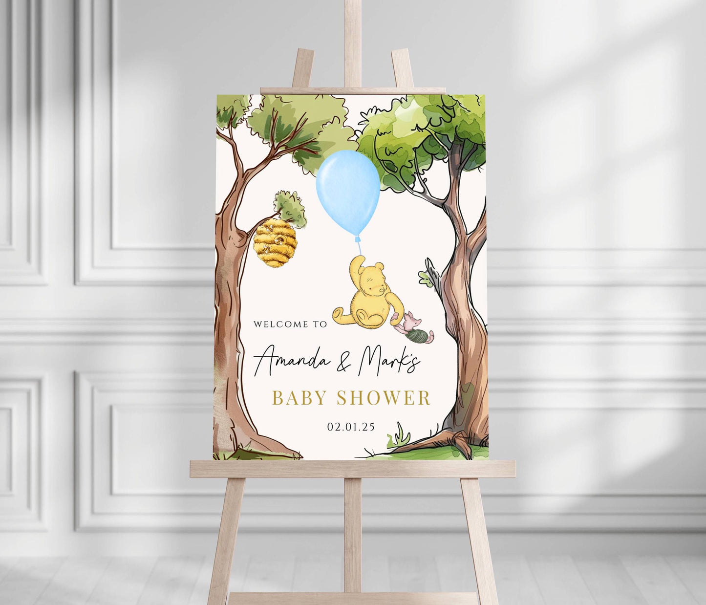 Printed Winnie The Pooh Baby Shower Welcome Sign, Custom Pooh Baby Shower Welcome, Printed Baby Boy Winnie The Pooh Foam Board Welcome Sign