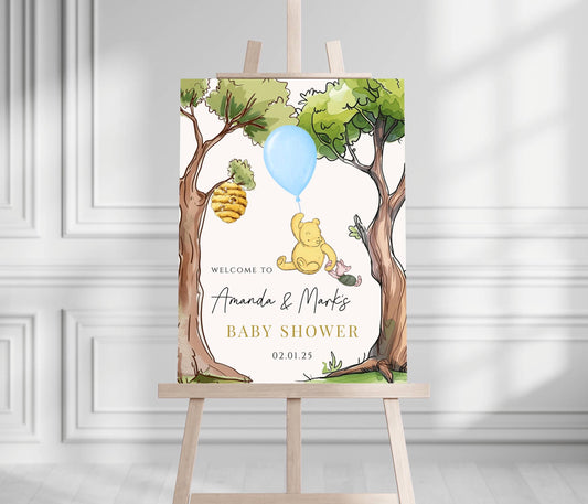 Printed Winnie The Pooh Baby Shower Welcome Sign, Custom Pooh Baby Shower Welcome, Printed Baby Boy Winnie The Pooh Foam Board Welcome Sign