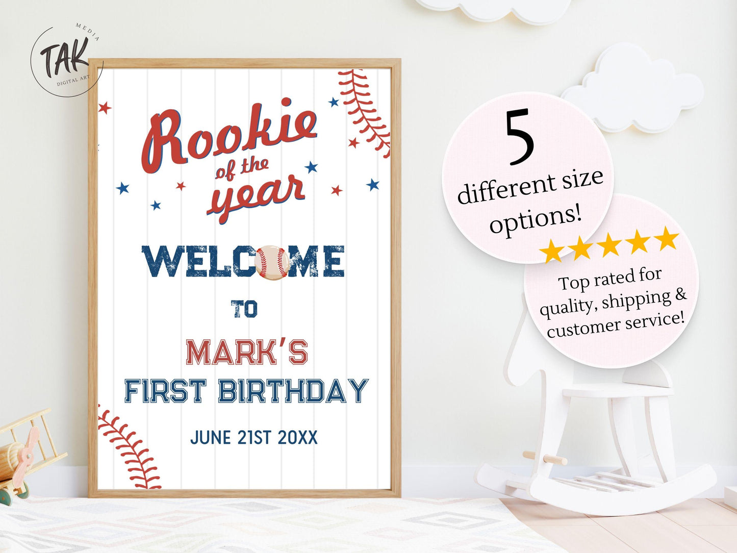 Printed Baseball Rookie of the Year 1st Birthday Welcome Sign, Custom Foam Board Birthday Decor, Boy First Birthday Sports Theme Custom Sign