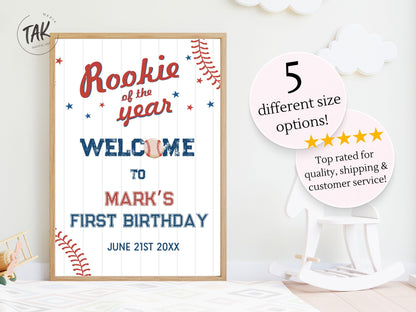Printed Baseball Rookie of the Year 1st Birthday Welcome Sign, Custom Foam Board Birthday Decor, Boy First Birthday Sports Theme Custom Sign