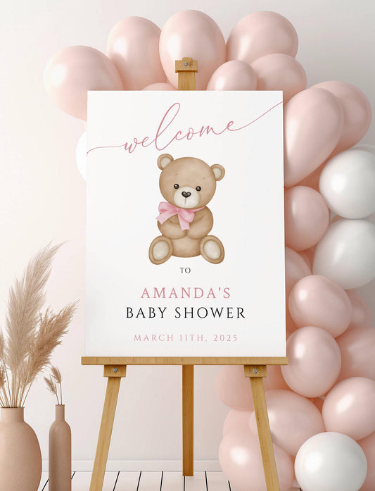 Baby Shower We Can Bearly Wait Baby Girl Custom Foam Welcome Sign, Baby Hot Air Balloon Bear