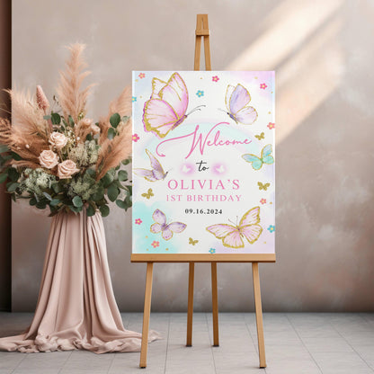 Printed Butterfly 1st Birthday Welcome Sign Foam Board Party Decor, Pink Purple Gold Glitter, Girl First Birthday Poster, Custom Welcome Art