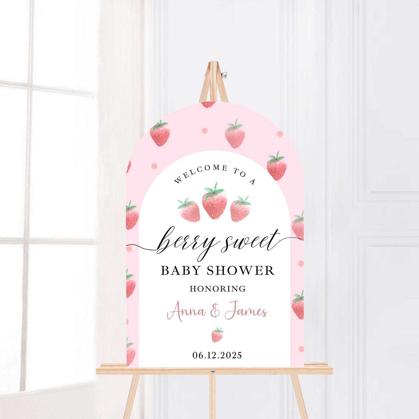 Printed Arch Berry Sweet Baby Shower Welcome Sign with Strawberries, Custom Name Foam Board, Pink Summer Party Decor Sign, Berry Sweet Decor