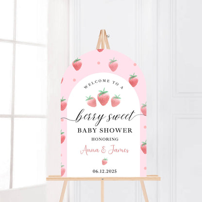 Printed Arch Berry Sweet Baby Shower Welcome Sign with Strawberries, Custom Name Foam Board, Pink Summer Party Decor Sign, Berry Sweet Decor