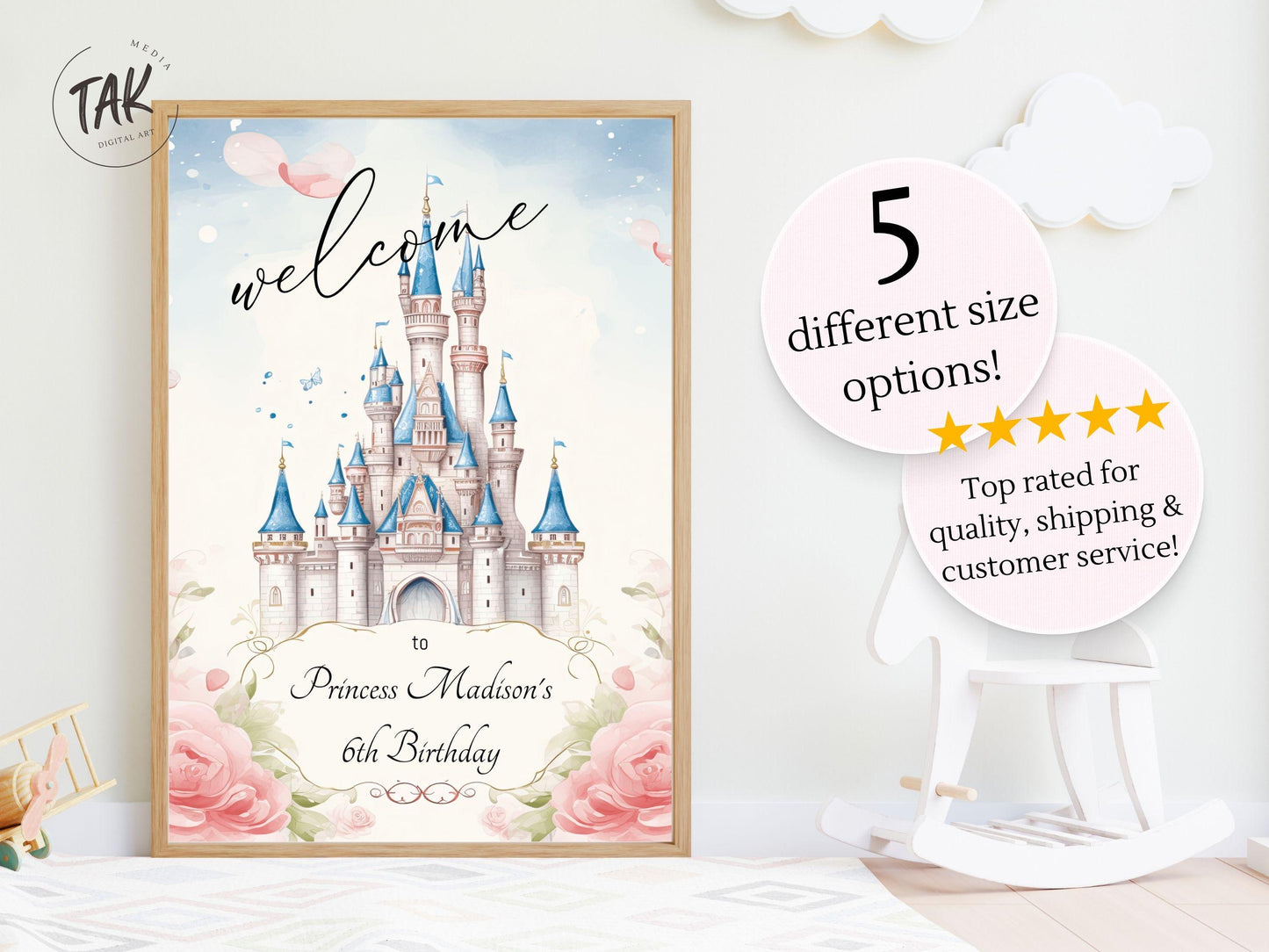 Princess Birthday Welcome Sign, Girls Princess Birthday Party Foam Welcome Sign, Printed Foam Board Welcome Sign