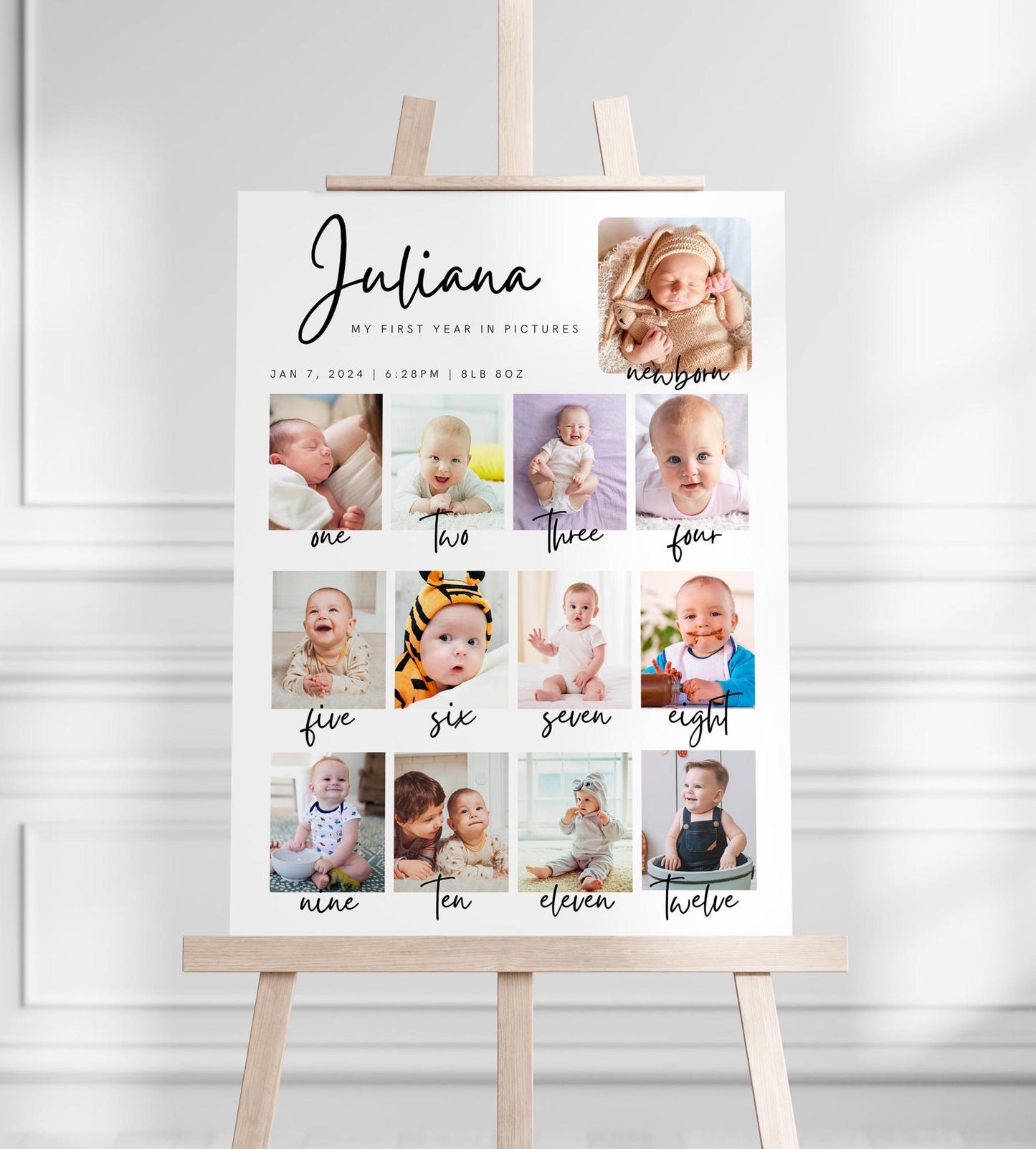 Printed First Year Photo Collage Foam Board Sign, Custom Baby Milestone Birthday Sign, Monthly Baby Photos Display, Personalized Party Decor