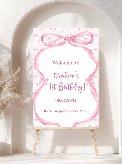 Printed Pink Ribbon 1st Birthday Foam Board Welcome Sign, Girl Party Foam Board, Floral Bow Theme, Personalized Name Poster Birthday Decor