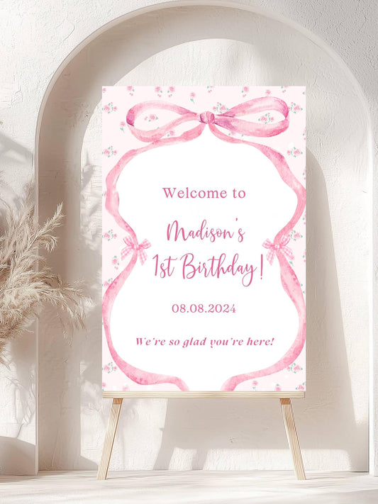 Printed Pink Ribbon 1st Birthday Foam Board Welcome Sign, Girl Party Foam Board, Floral Bow Theme, Personalized Name Poster Birthday Decor