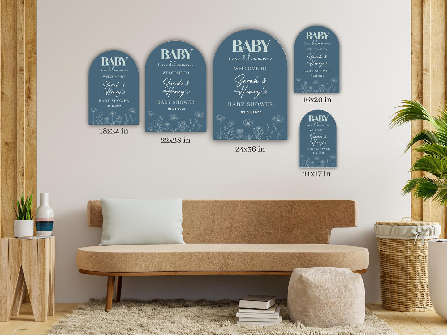 Printed Arch Baby in Bloom Baby Shower Welcome Sign with Wildflowers, Custom Name Foam Board, Modern Blue Baby Boy Decor, Personalized Sign