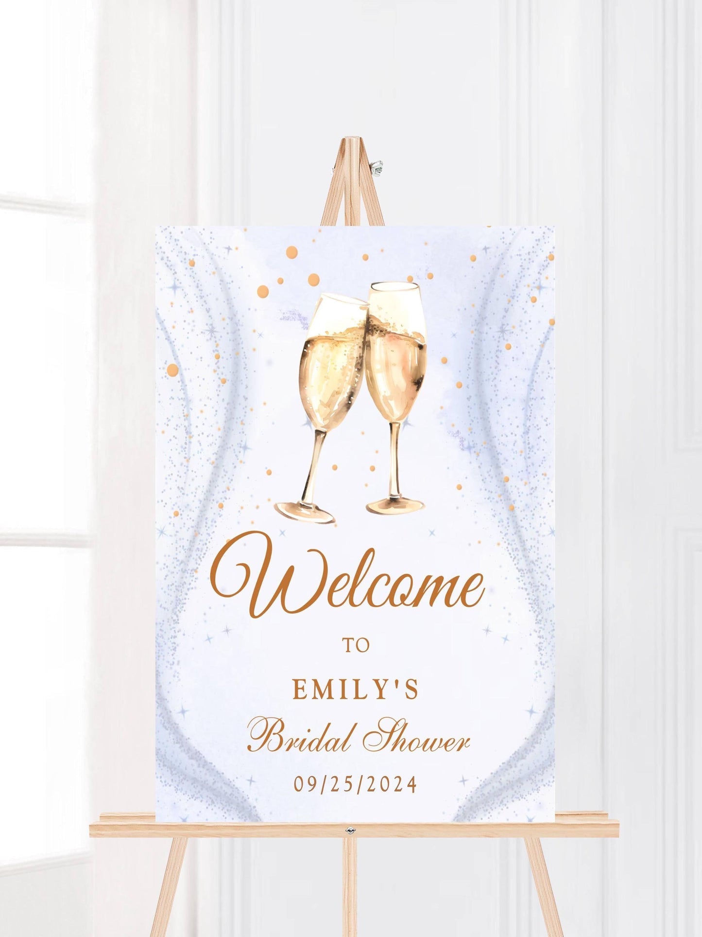 Printed Champagne Toast Bridal Shower Welcome Sign with Sparkle Background, Custom Name Foam Board, Personalized Elegant Gold Party Decor