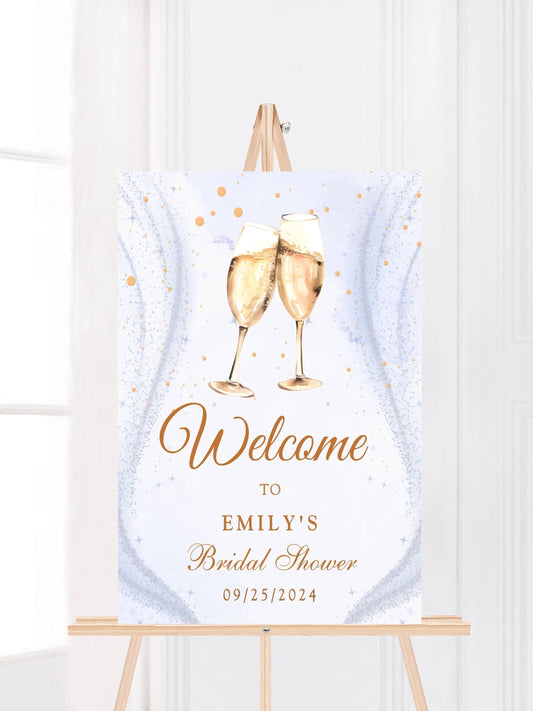 Printed Champagne Toast Bridal Shower Welcome Sign with Sparkle Background, Custom Name Foam Board, Personalized Elegant Gold Party Decor