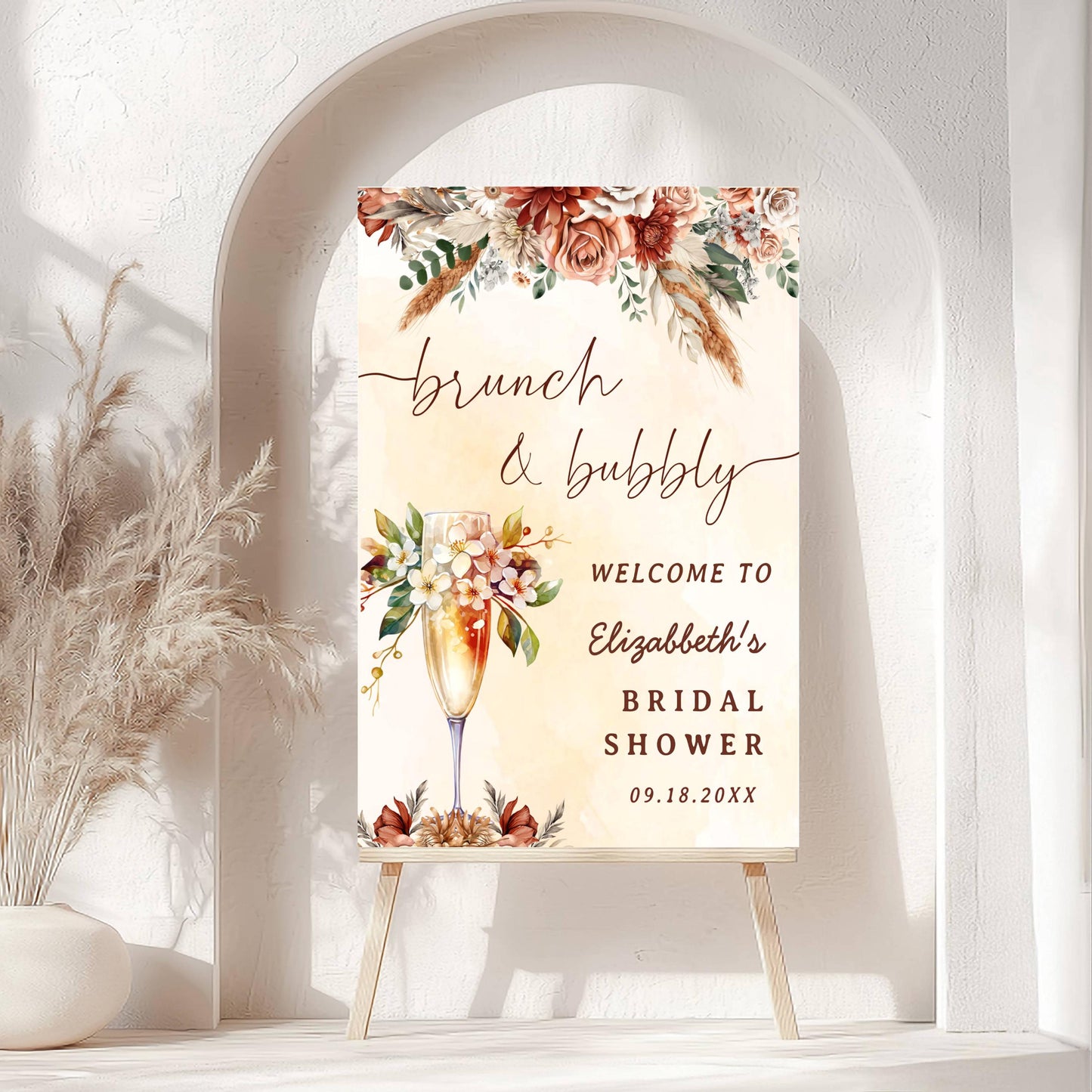 Printed Brunch and Bubbly Bridal Shower Welcome Sign with Fall Florals, Custom Name Champagne Poster, Personalized Foam Board Bridal Decor