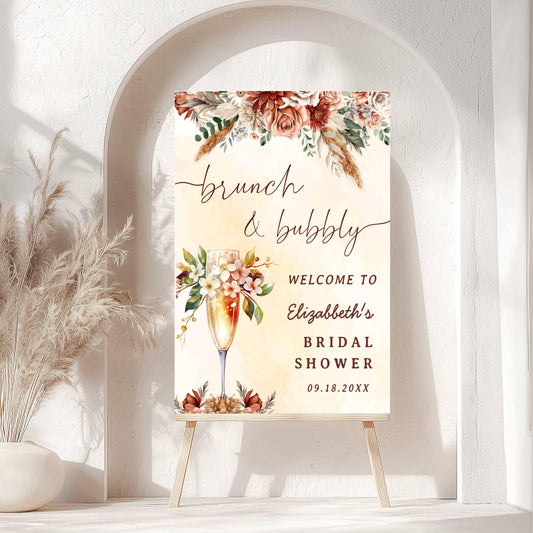 Printed Brunch and Bubbly Bridal Shower Welcome Sign with Fall Florals, Custom Name Champagne Poster, Personalized Foam Board Bridal Decor