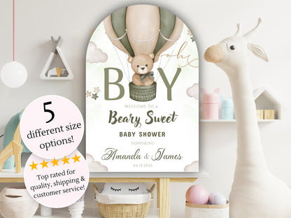 Printed Arch Beary Sweet Baby Shower Welcome Sign for Boy, Teddy Bear Hot Air Balloon Sage Theme, Custom Foam Board, Personal Neutral Decor