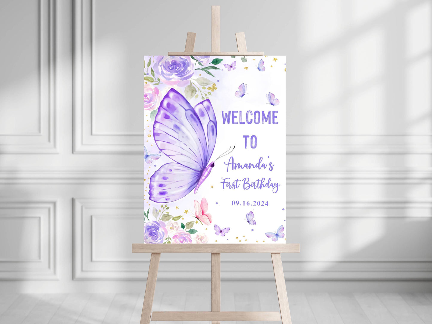Printed Butterfly First Birthday Sign Foam Board, Purple Floral Welcome Poster, Custom Girl Party Decor, Whimsical Garden Theme Display