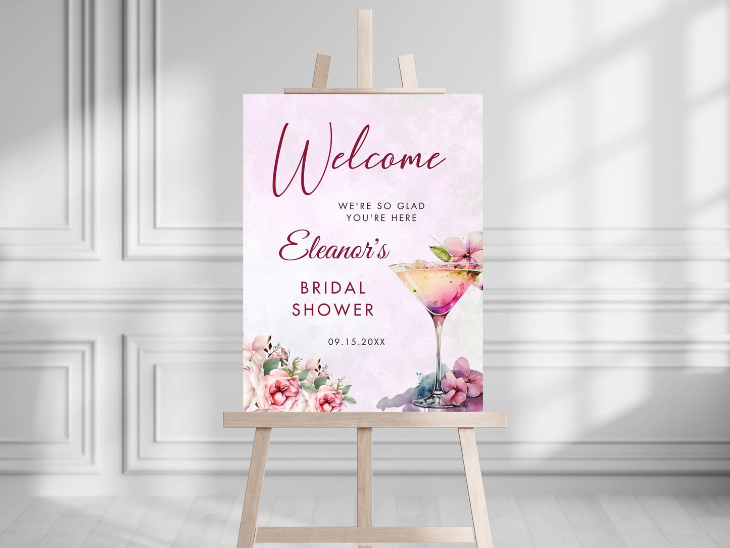 Printed Bridal Shower Welcome Sign Cocktail and Florals, Custom Bridal Foam Board, Blush Pink Brunch Party Decor Poster, Bridal Brunch Sign