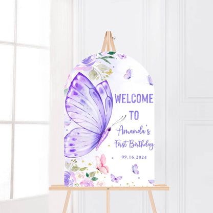 Printed Arch Butterfly First Birthday Sign Foam Board, Purple Floral Welcome Poster, Custom Girl Party Decor, Whimsical Garden Theme Display