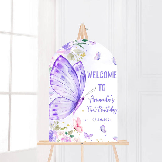 Printed Arch Butterfly First Birthday Sign Foam Board, Purple Floral Welcome Poster, Custom Girl Party Decor, Whimsical Garden Theme Display