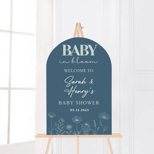 Printed Arch Baby in Bloom Baby Shower Welcome Sign with Wildflowers, Custom Name Foam Board, Modern Blue Baby Boy Decor, Personalized Sign