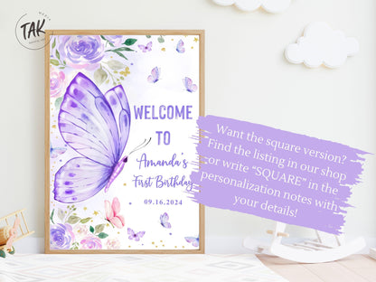 Printed Arch Butterfly First Birthday Sign Foam Board, Purple Floral Welcome Poster, Custom Girl Party Decor, Whimsical Garden Theme Display