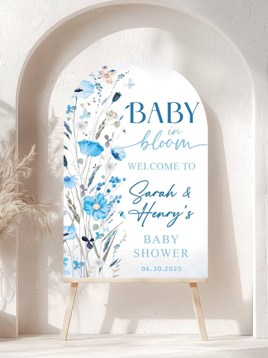 Printed Arch Baby in Bloom Baby Shower Boy Welcome Sign, Floral Shower Welcome, Custom Printed Baby Boy Blue Custom Foam Board Party Welcome