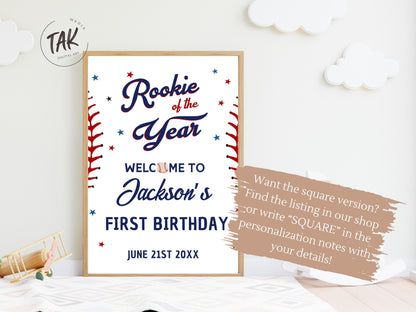 Printed Arch Baseball Rookie of the Year 1st Birthday Welcome Sign, Custom Foam Board Birthday Decor, Boy First Custom Birthday Sports Theme
