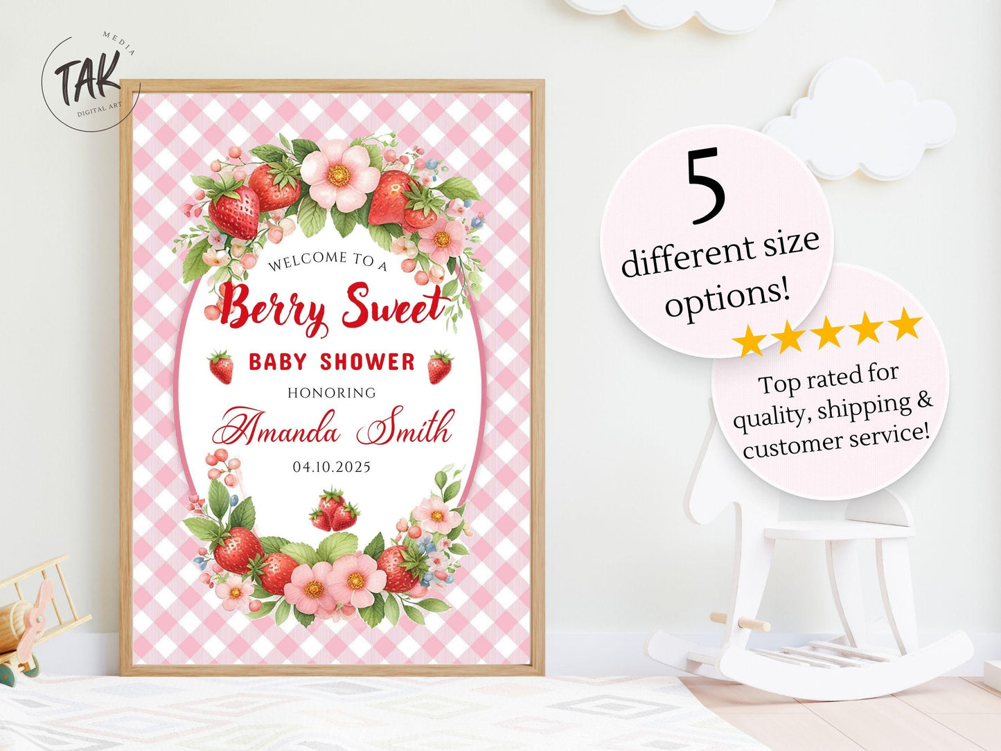 Printed Berry Sweet Baby Shower Foam Board Sign – Strawberry Theme Welcome, Personalized Baby Shower Decor, Girl Baby Shower Decoration