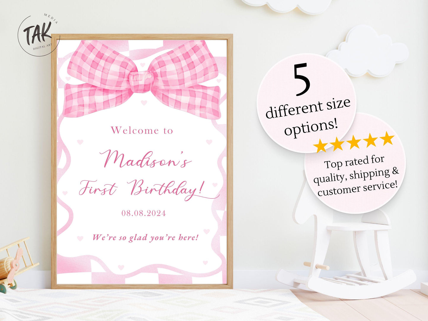 Printed Pink Ribbon 1st Birthday Foam Board Welcome Sign, Girl Party Foam Board, Floral Bow Theme, Personalized Name Poster Birthday Decor
