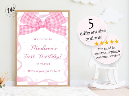 Printed Pink Ribbon 1st Birthday Foam Board Welcome Sign, Girl Party Foam Board, Floral Bow Theme, Personalized Name Poster Birthday Decor