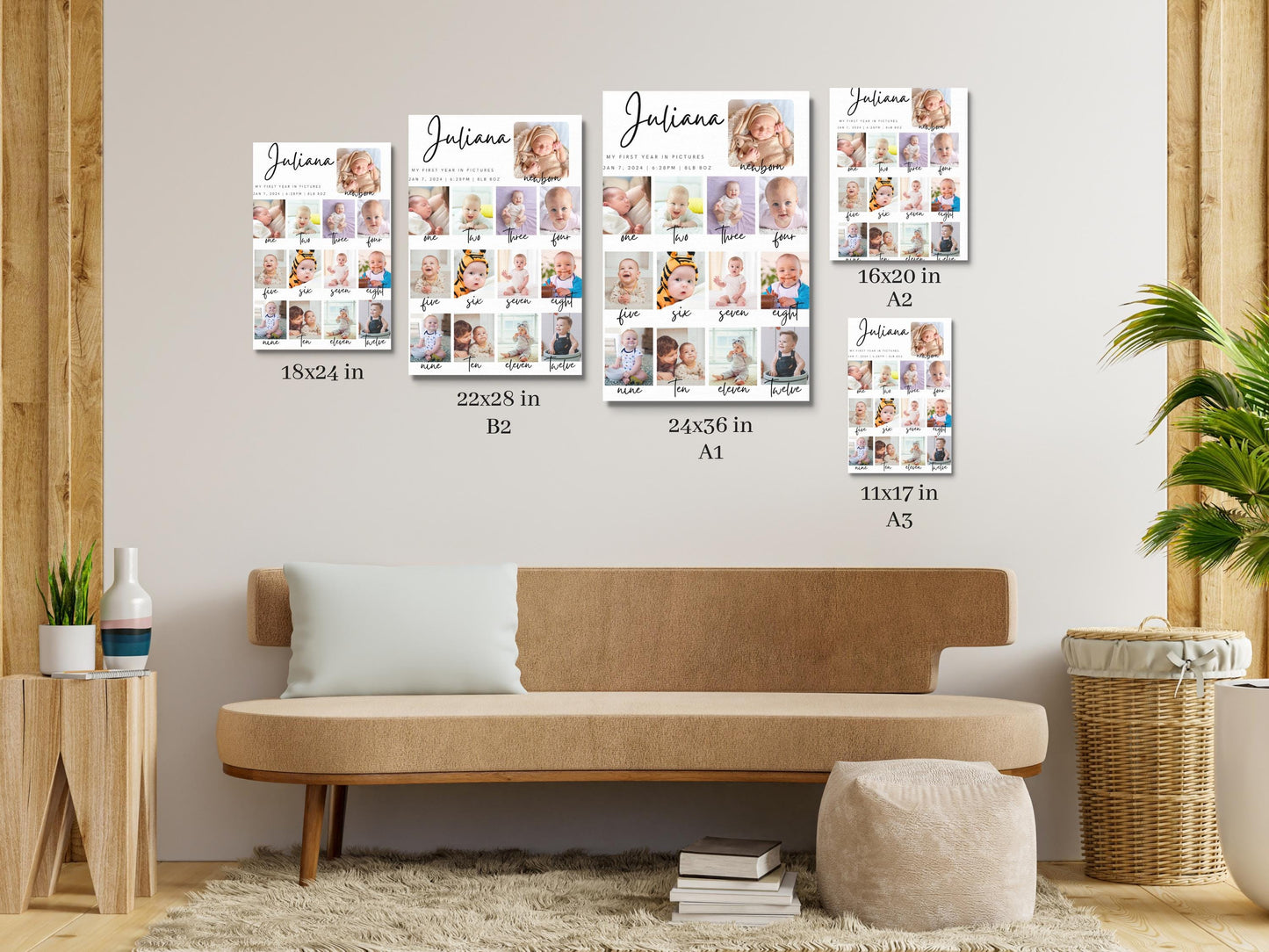 Printed First Year Photo Collage Foam Board Sign, Custom Baby Milestone Birthday Sign, Monthly Baby Photos Display, Personalized Party Decor