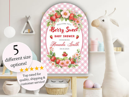 Printed Arch Berry Sweet Baby Shower Foam Board Sign – Strawberry Theme Welcome, Personalized Baby Shower Decor, Girl Baby Shower Decoration