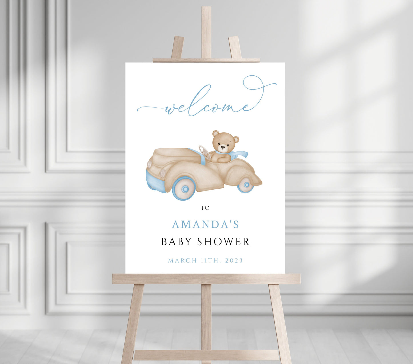 Baby Shower We Can Bearly Wait Boy Welcome Sign, Baby Driving Bear