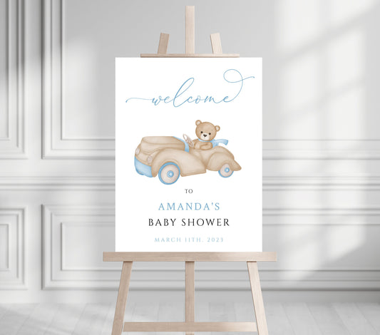 Baby Shower We Can Bearly Wait Boy Welcome Sign, Baby Driving Bear