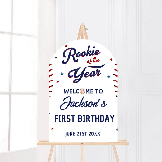 Printed Arch Baseball Rookie of the Year 1st Birthday Welcome Sign, Custom Foam Board Birthday Decor, Boy First Custom Birthday Sports Theme