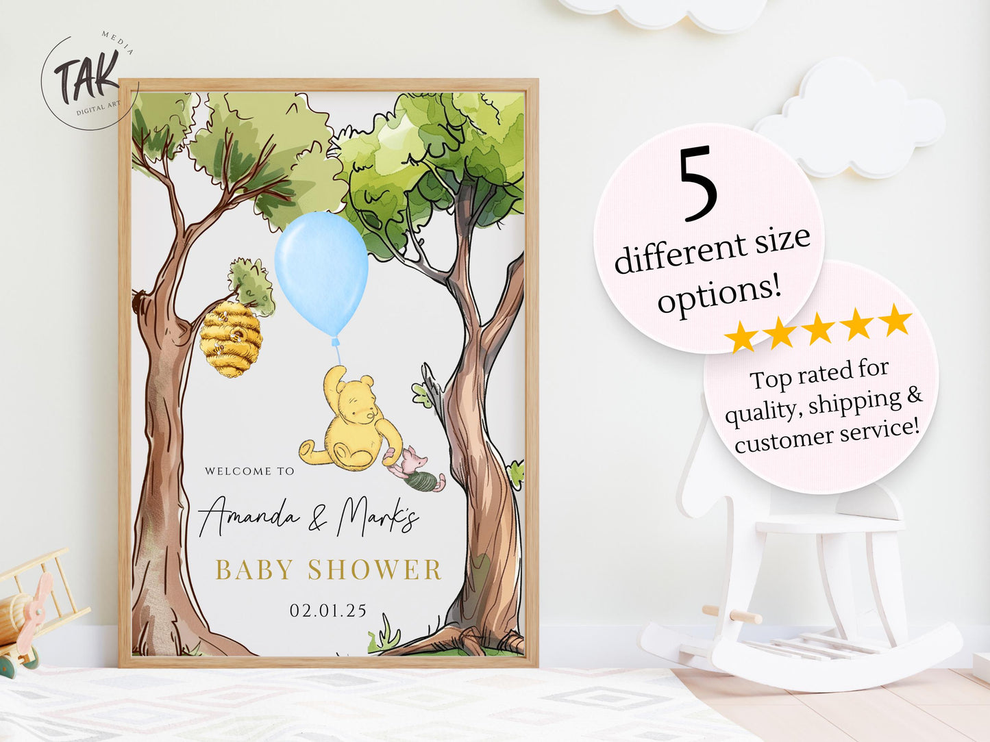 Printed Winnie The Pooh Baby Shower Welcome Sign, Custom Pooh Baby Shower Welcome, Printed Baby Boy Winnie The Pooh Foam Board Welcome Sign