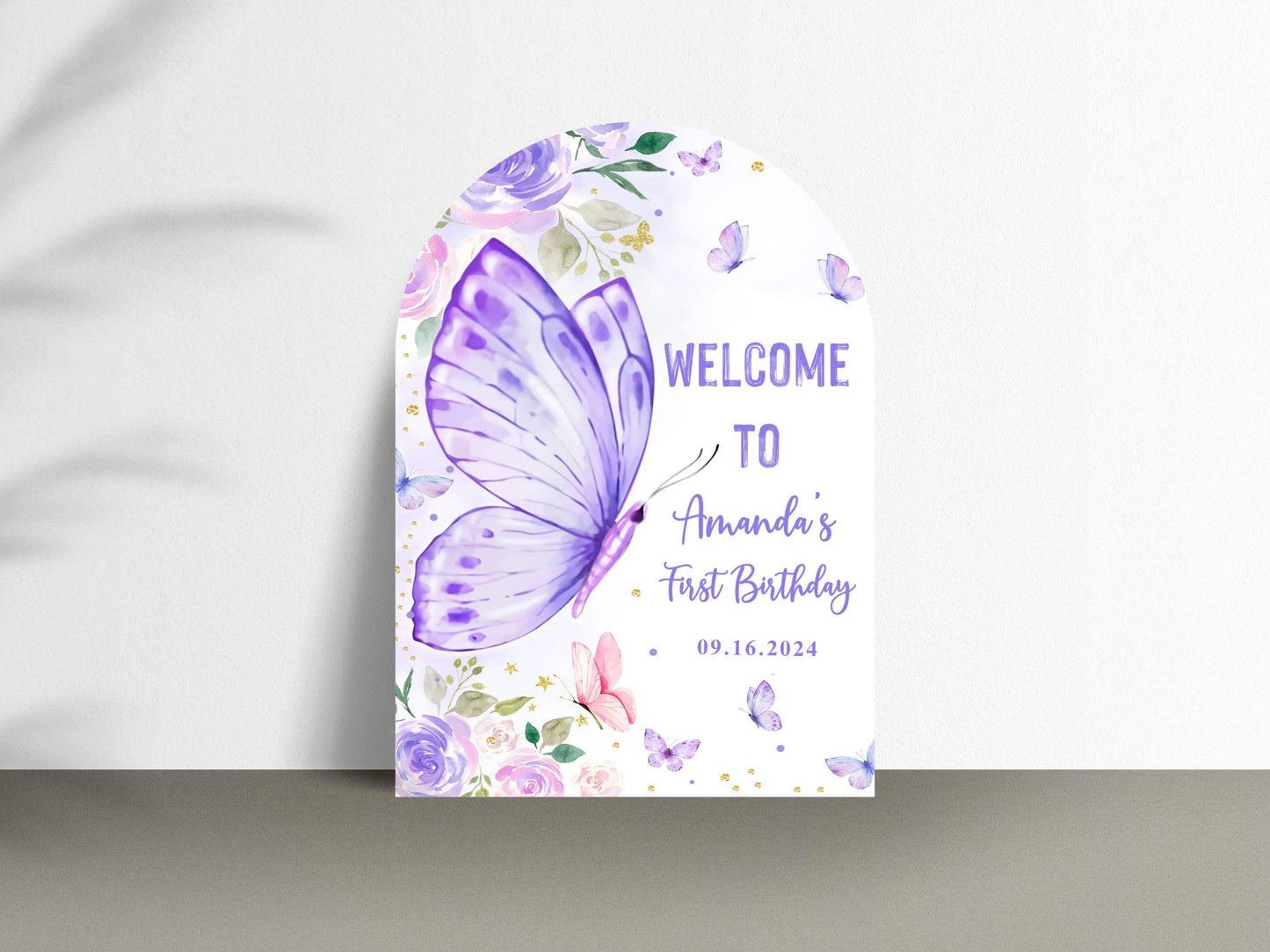 Printed Arch Butterfly First Birthday Sign Foam Board, Purple Floral Welcome Poster, Custom Girl Party Decor, Whimsical Garden Theme Display