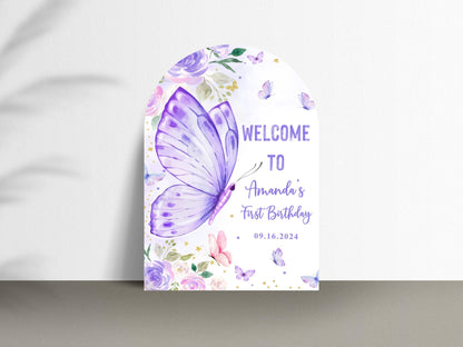 Printed Arch Butterfly First Birthday Sign Foam Board, Purple Floral Welcome Poster, Custom Girl Party Decor, Whimsical Garden Theme Display