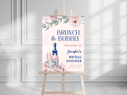 Printed Brunch and Bubbly Bridal Shower Welcome Sign, Pink Champagne & Blue Bows, Custom Bridal Foam Board, Floral Wedding Party Decor