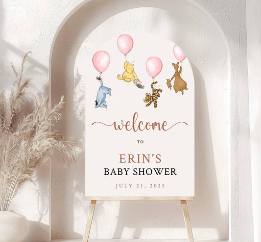 Printed Arch Winnie The Pooh Baby Shower Welcome Sign, Pooh Baby Shower Welcome, Printed Baby Girl Winnie The Pooh Foam Board Welcome Sign