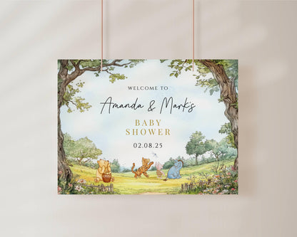 Printed Winnie The Pooh Baby Shower Welcome Sign, Pooh Baby Shower Welcome, Printed Gender Neutral Winnie The Pooh Foam Board Welcome Sign