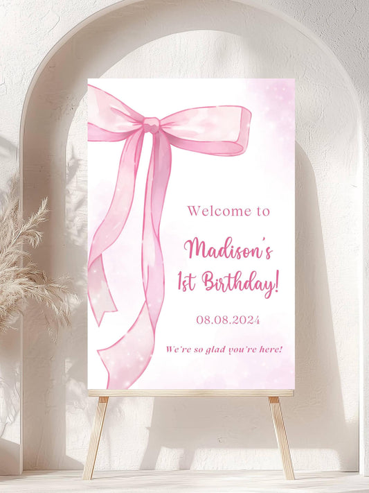 Printed Pink Bow First Birthday Sign Foam Board, Elegant Girl Welcome Poster, Custom Blush Ribbon Party Decor, Printable or Shipped Display