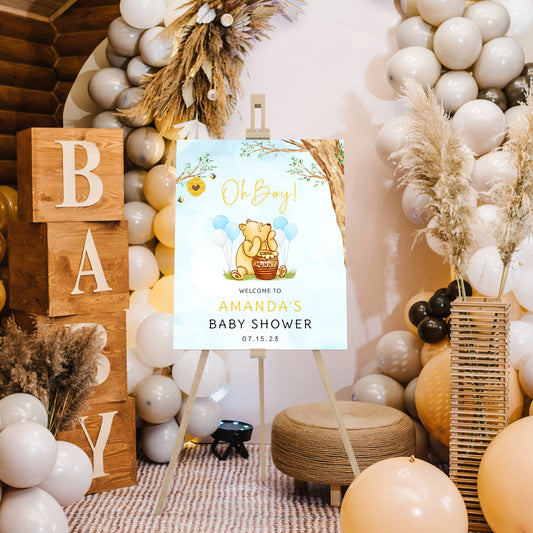 Printed Winnie The Pooh Baby Shower Welcome Sign, Custom Pooh Baby Shower Welcome, Printed Baby Boy Winnie The Pooh Foam Board Welcome Sign