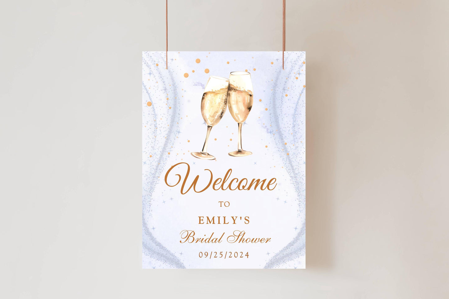 Printed Champagne Toast Bridal Shower Welcome Sign with Sparkle Background, Custom Name Foam Board, Personalized Elegant Gold Party Decor