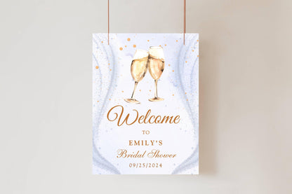 Printed Champagne Toast Bridal Shower Welcome Sign with Sparkle Background, Custom Name Foam Board, Personalized Elegant Gold Party Decor