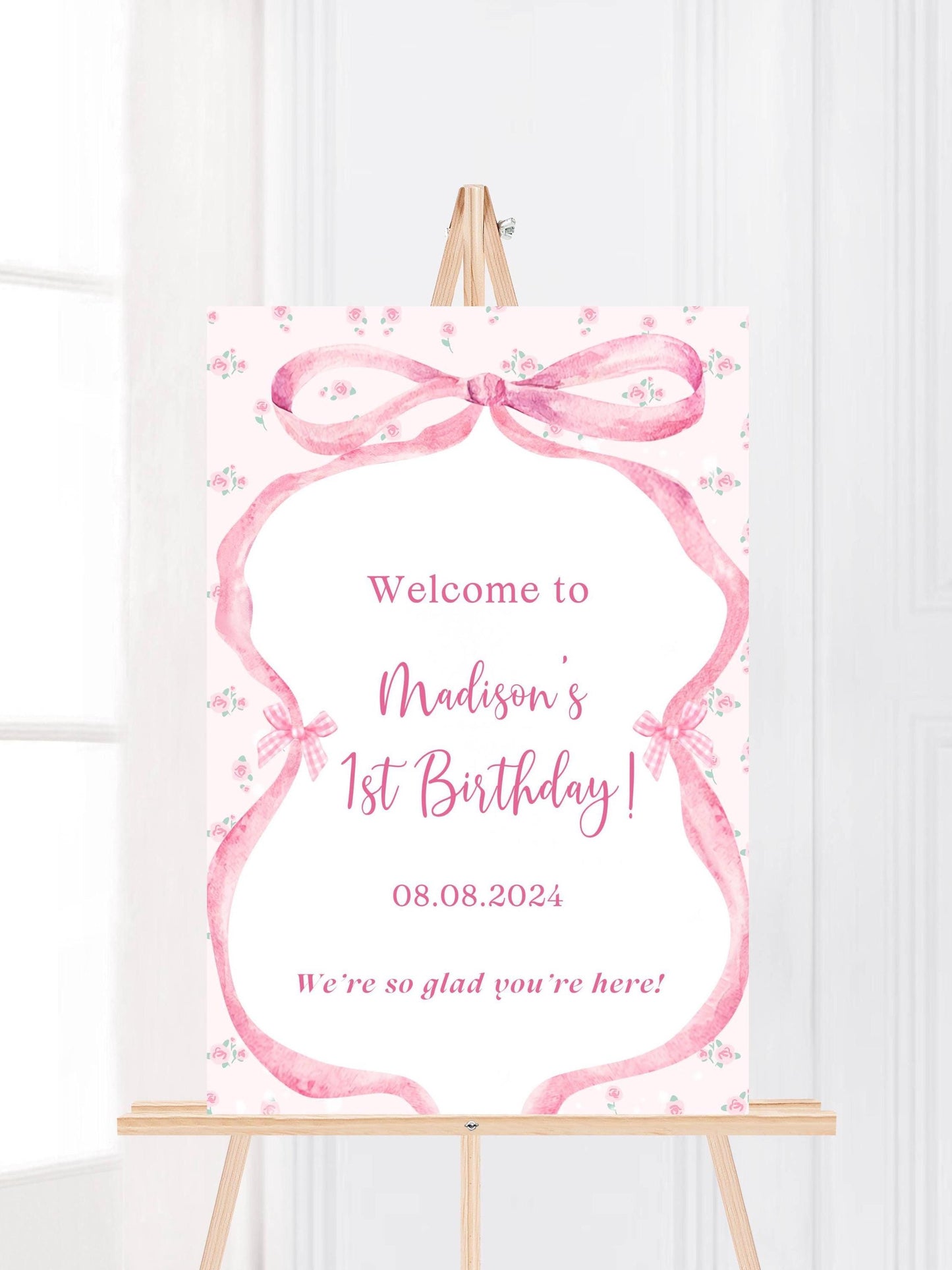 Printed Pink Ribbon 1st Birthday Foam Board Welcome Sign, Girl Party Foam Board, Floral Bow Theme, Personalized Name Poster Birthday Decor