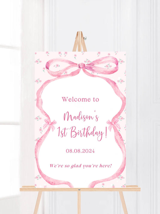 Printed Pink Ribbon 1st Birthday Foam Board Welcome Sign, Girl Party Foam Board, Floral Bow Theme, Personalized Name Poster Birthday Decor