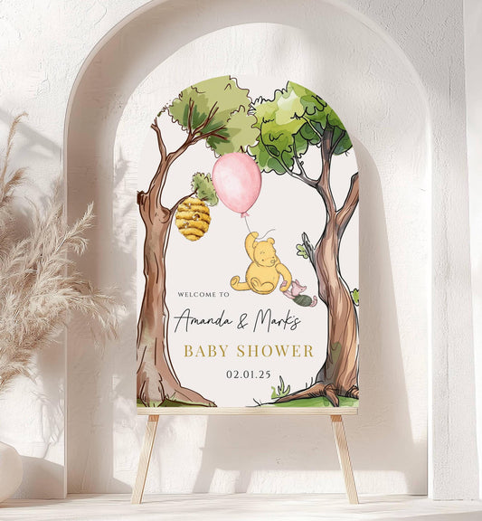 Printed Arch Winnie The Pooh Baby Shower Welcome Sign, Pooh Baby Shower Welcome, Printed Baby Girl Winnie The Pooh Foam Board Welcome Sign