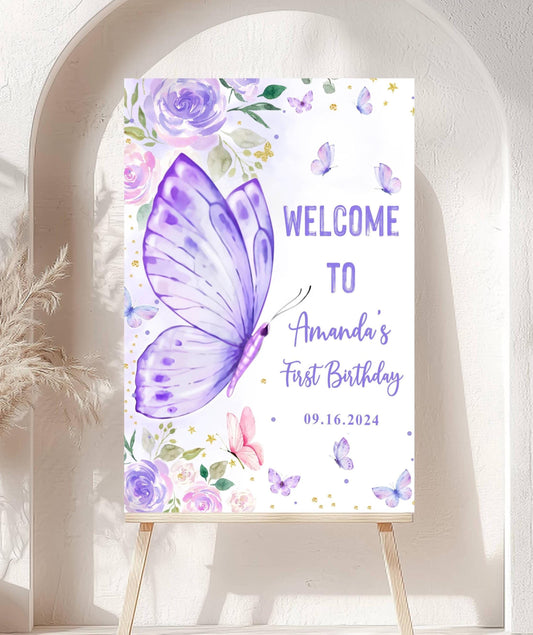 Printed Butterfly First Birthday Sign Foam Board, Purple Floral Welcome Poster, Custom Girl Party Decor, Whimsical Garden Theme Display