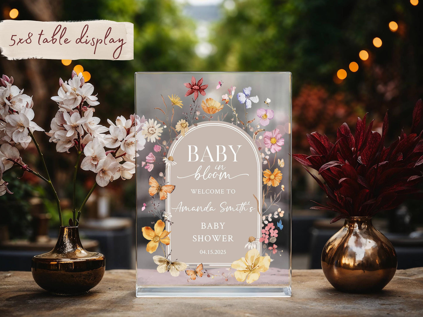 Baby in Bloom Acrylic Baby Shower Sign – Personalized Floral Welcome Sign for Spring Baby Shower
