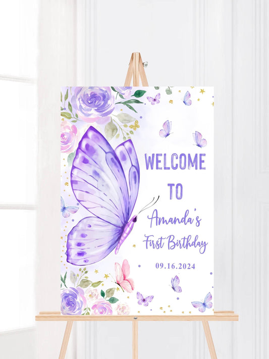 Printed Butterfly First Birthday Sign Foam Board, Purple Floral Welcome Poster, Custom Girl Party Decor, Whimsical Garden Theme Display